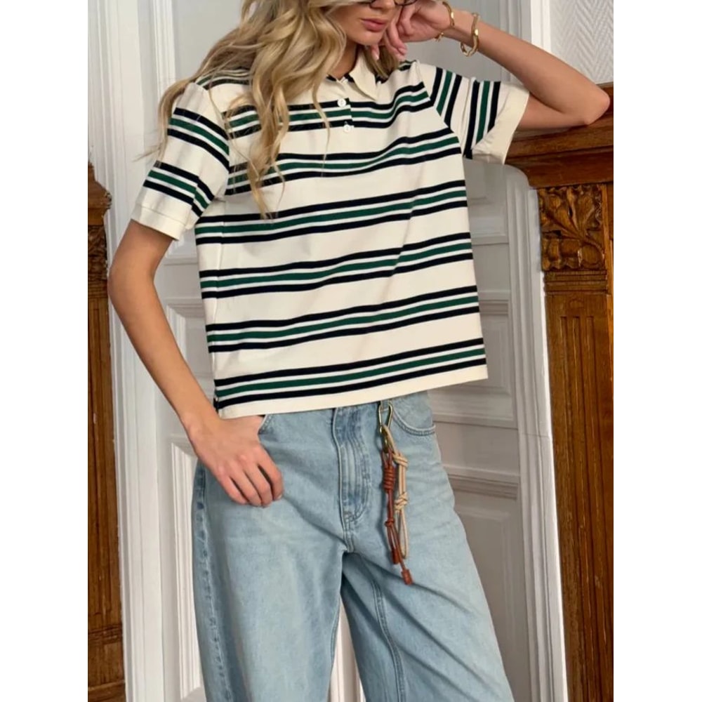 Hirsionsan Womens Cotton Polo Neck T Shirt Casual Loose Crop Top Summer Tee 3