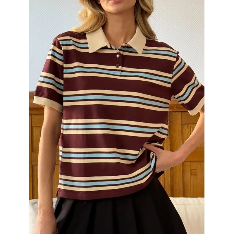 Hirsionsan Womens Cotton Polo Neck T Shirt Casual Loose Crop Top Summer Tee 14