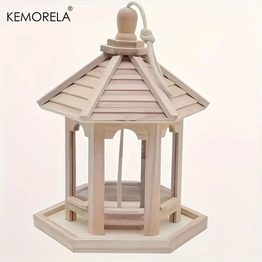 KEMORELA Woven Wooden Hanging Bird Feeder House For Outdoor Garden Decor 1