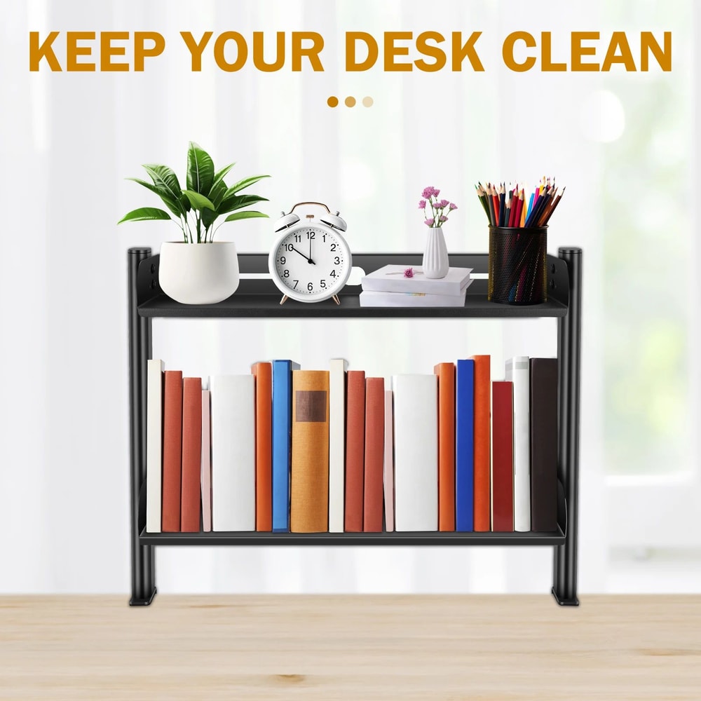 ClampOn 2 Tier Desk Shelf Organizer NoDrill Adjustable Metal Desktop Storage Rack 0