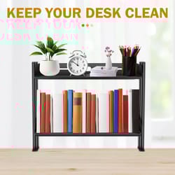 clamp-on 2 tier desk shelf organizer, no-drill adjustable metal desktop storage rack