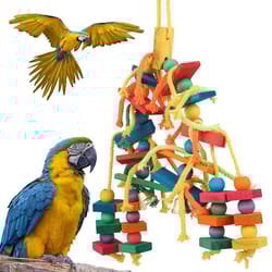 safe hanging parrot chew toy with hook, colorful wooden blocks and rope