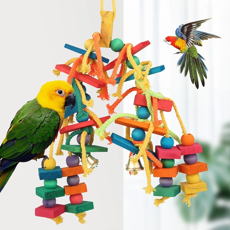 Safe Hanging Parrot Chew Toy With Hook Colorful Wooden Blocks And Rope 1