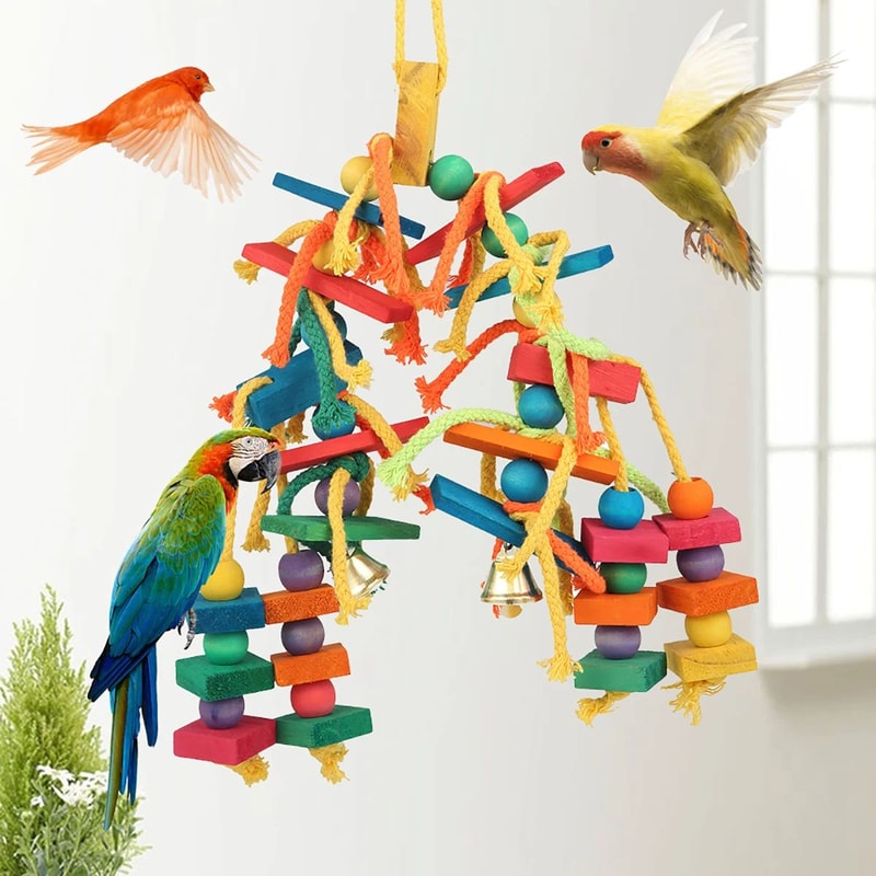 Safe Hanging Parrot Chew Toy With Hook Colorful Wooden Blocks And Rope 2