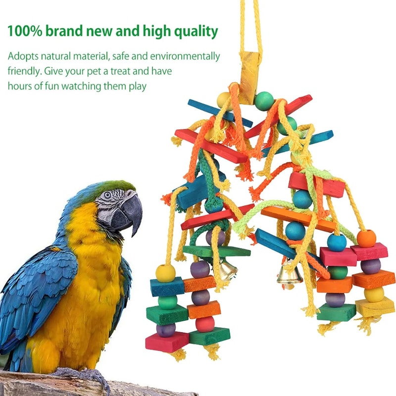 Safe Hanging Parrot Chew Toy With Hook Colorful Wooden Blocks And Rope 3