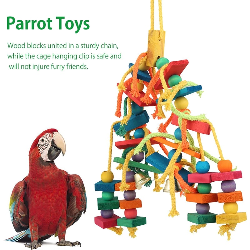 Safe Hanging Parrot Chew Toy With Hook Colorful Wooden Blocks And Rope 4