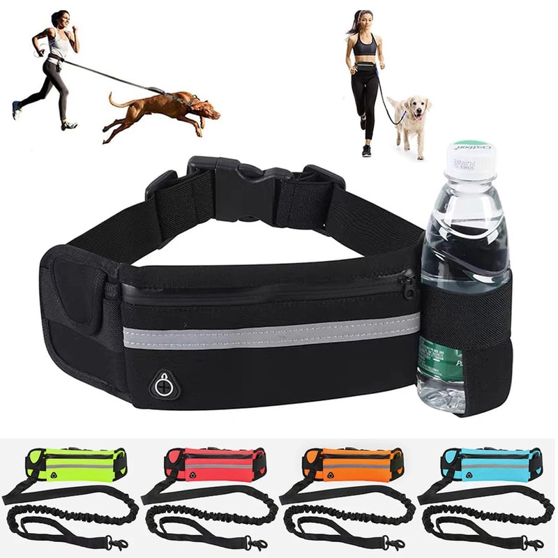 HandsFree Running Dog Leash With Reflective Elastic Belt Waist Bag 0