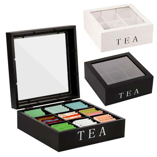 Wooden tea box with Clear Lid - tea bag organizer and tea storage box, 9-Section Desktop Caddy