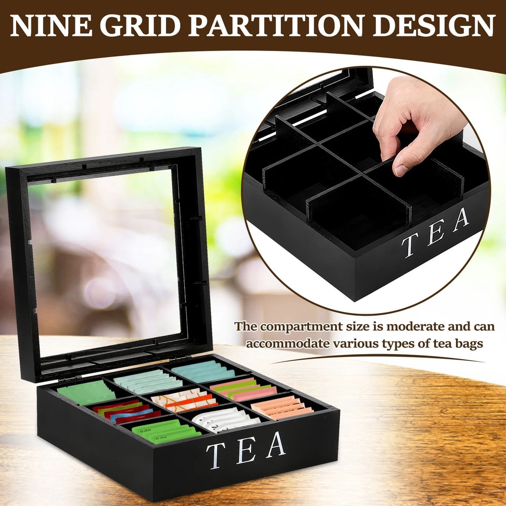 Wooden Tea Box With Clear Lid Tea Bag Organizer And Tea Storage Box 9Section Desktop Caddy 1