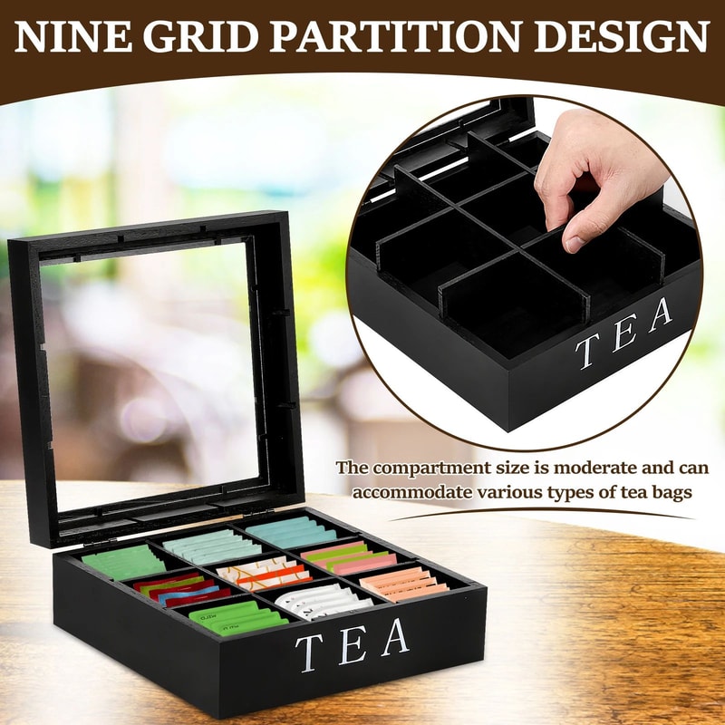 Wooden Tea Box With Clear Lid Tea Bag Organizer And Tea Storage Box 9Section Desktop Caddy 1