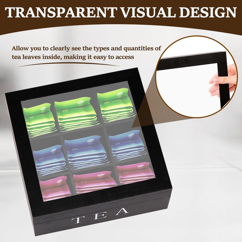 Wooden Tea Box With Clear Lid Tea Bag Organizer And Tea Storage Box 9Section Desktop Caddy 2