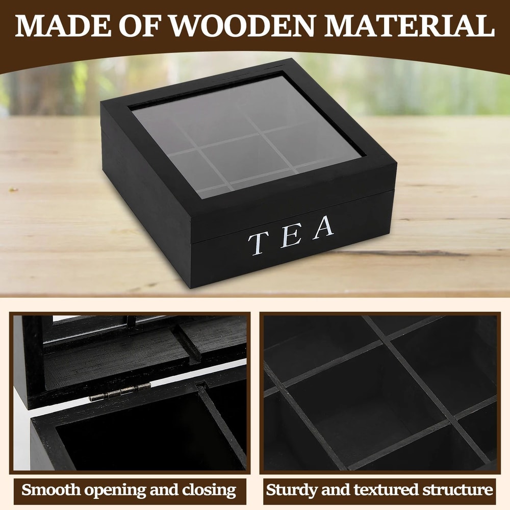 Wooden Tea Box With Clear Lid Tea Bag Organizer And Tea Storage Box 9Section Desktop Caddy 3