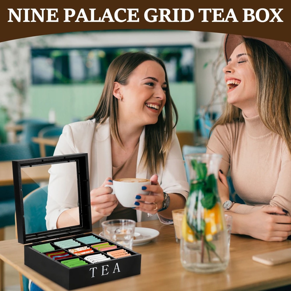 Wooden Tea Box With Clear Lid Tea Bag Organizer And Tea Storage Box 9Section Desktop Caddy 4