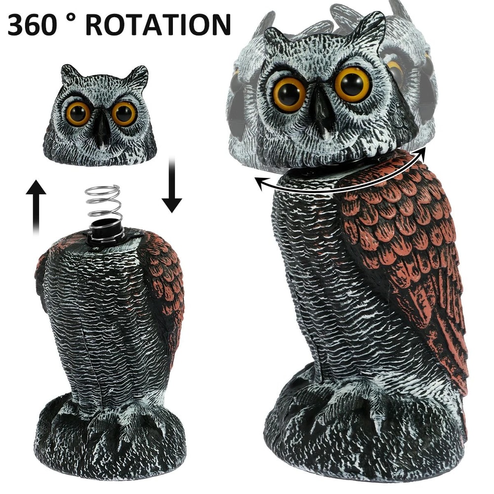 Rotating Head Owl Decoy Bird Deterrent Waterproof Garden Scarecrow 0