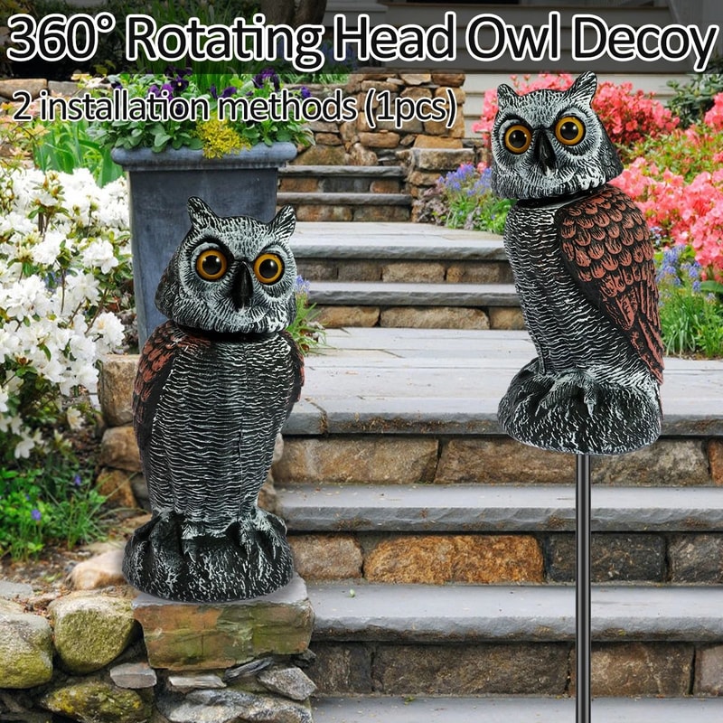 Rotating Head Owl Decoy Bird Deterrent Waterproof Garden Scarecrow 2