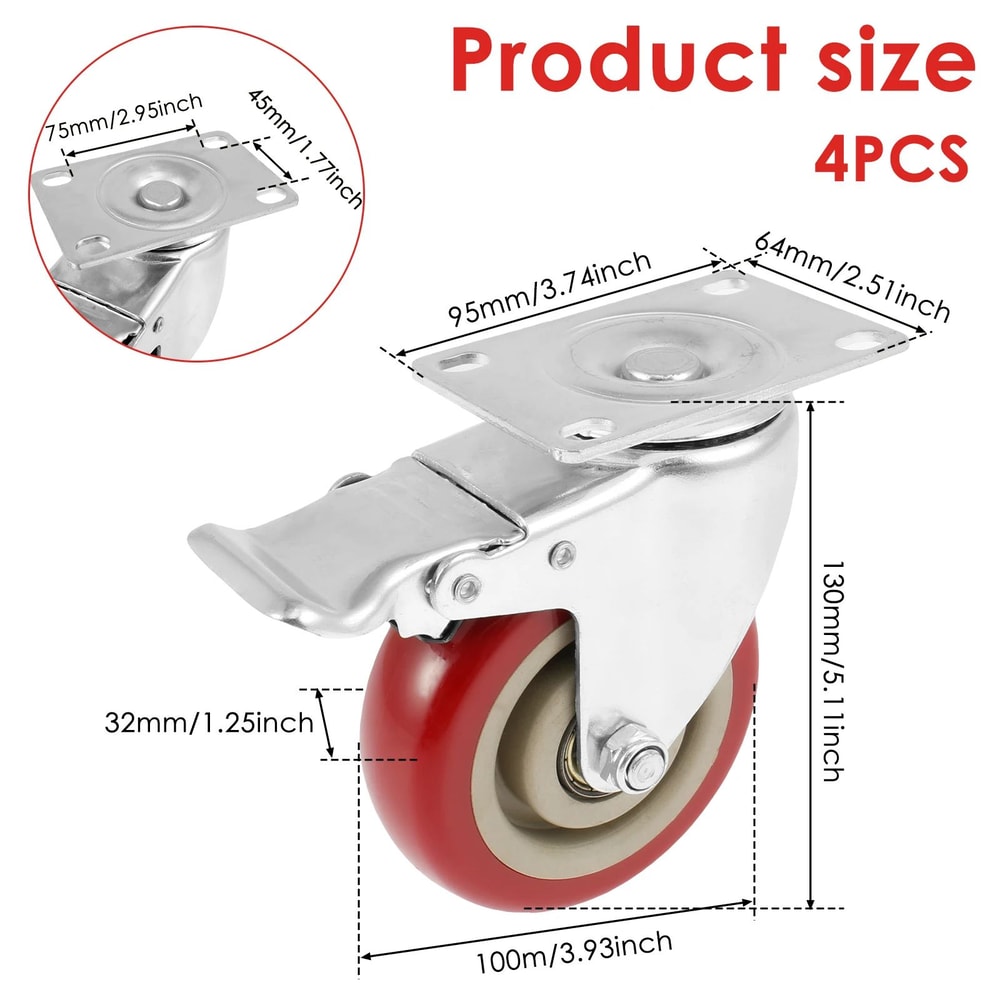 Heavy Duty 4Inch Swivel Caster Wheels Set Of 4 With Brakes For Furniture Carts 4