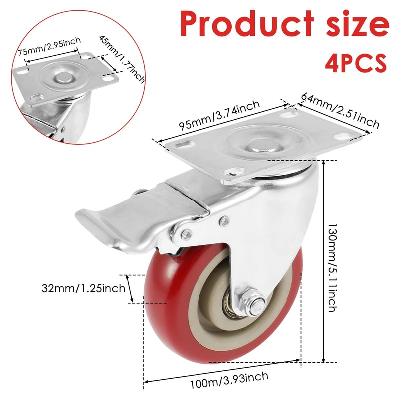 Heavy Duty 4Inch Swivel Caster Wheels Set Of 4 With Brakes For Furniture Carts 4