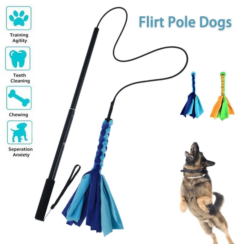 Extendable Flirt Pole Dog Toy Teaser Wand With Durable Rope Lure 0