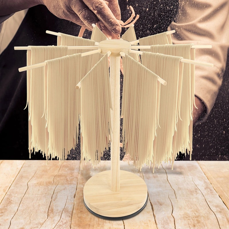 Rotating Wooden Pasta Drying Rack Stand Collapsible Spaghetti Noodle Hanger 1