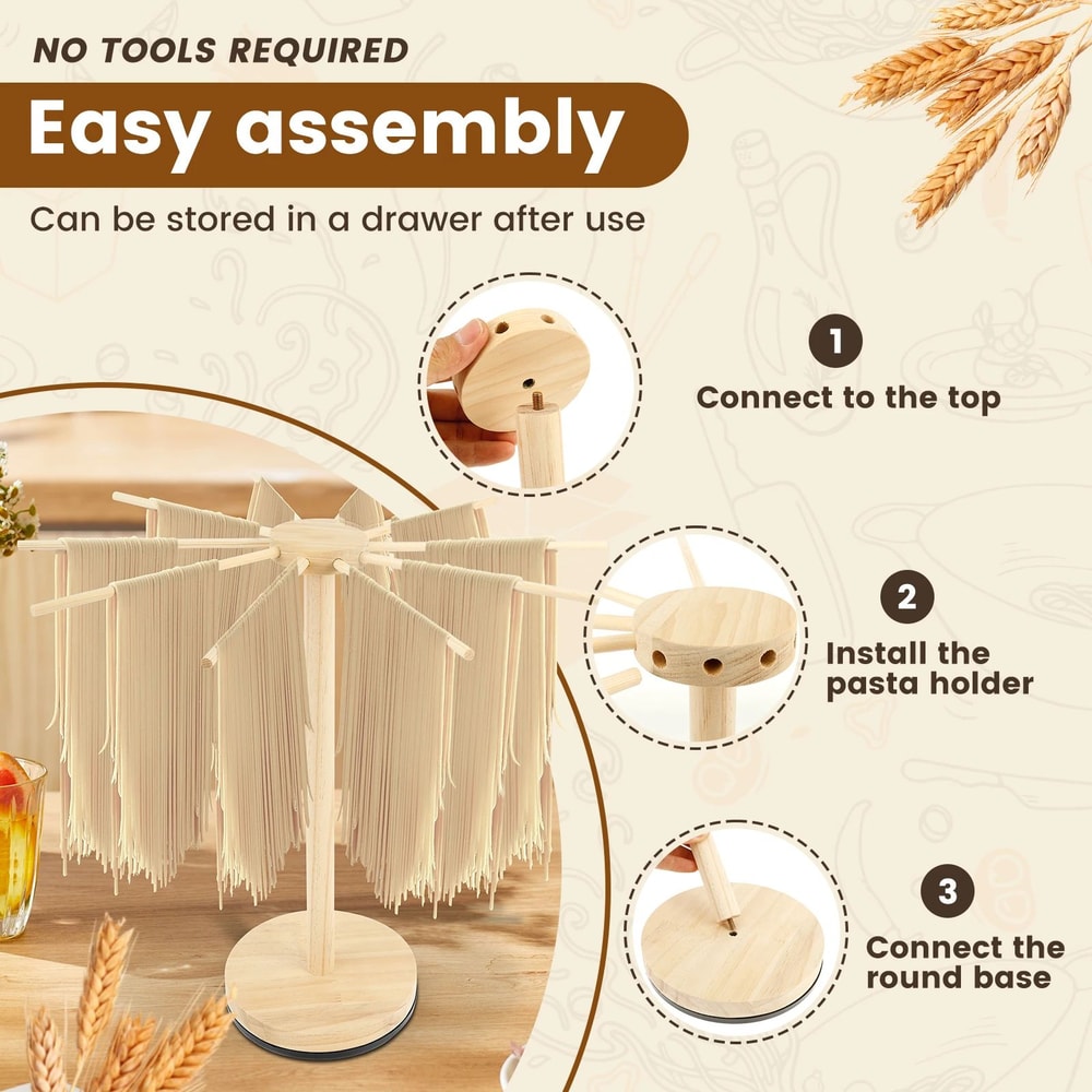 Rotating Wooden Pasta Drying Rack Stand Collapsible Spaghetti Noodle Hanger 4
