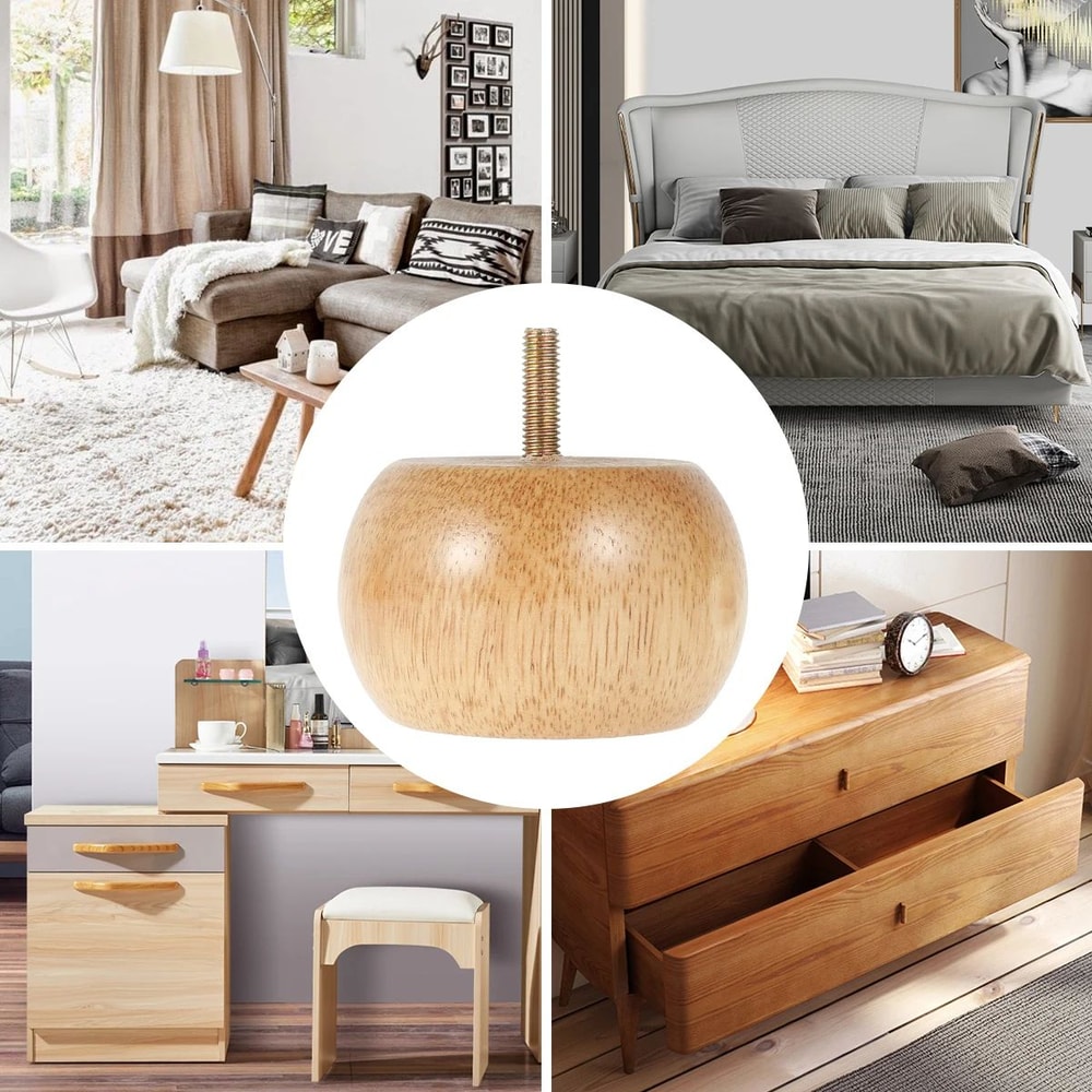 Solid Wood Wooden Furniture Legs Set 4 Pcs Round Bun Style With Screws Floor Pads 4