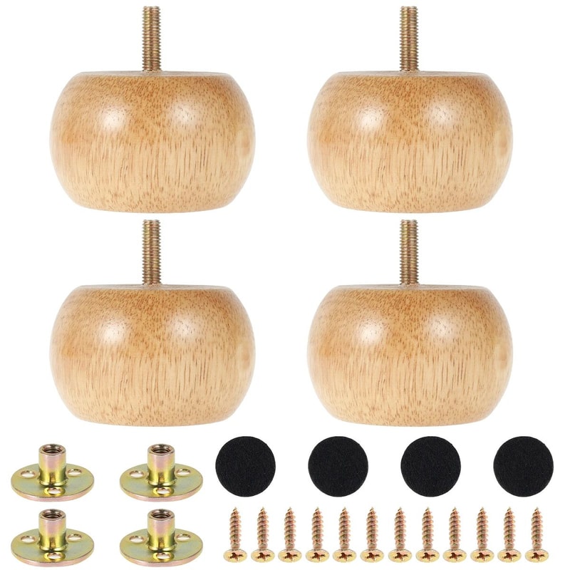 Solid Wood Wooden Furniture Legs Set 4 Pcs Round Bun Style With Screws Floor Pads 7