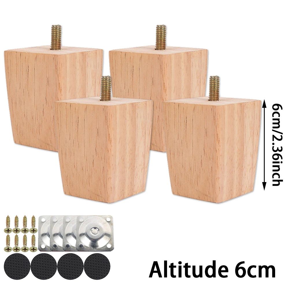 Solid Wood Wooden Furniture Legs Set 4 Pcs Round Bun Style With Screws Floor Pads 6