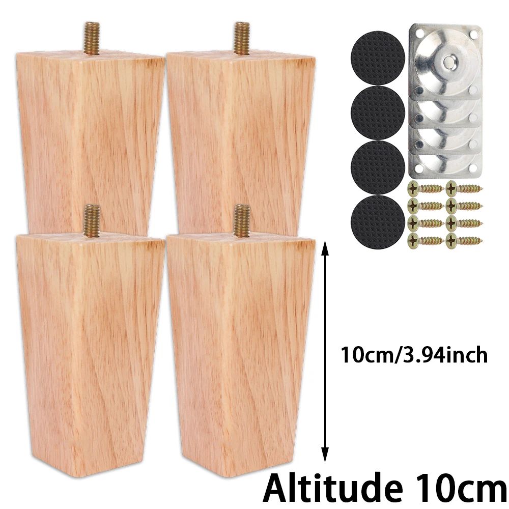 Solid Wood Wooden Furniture Legs Set 4 Pcs Round Bun Style With Screws Floor Pads 8