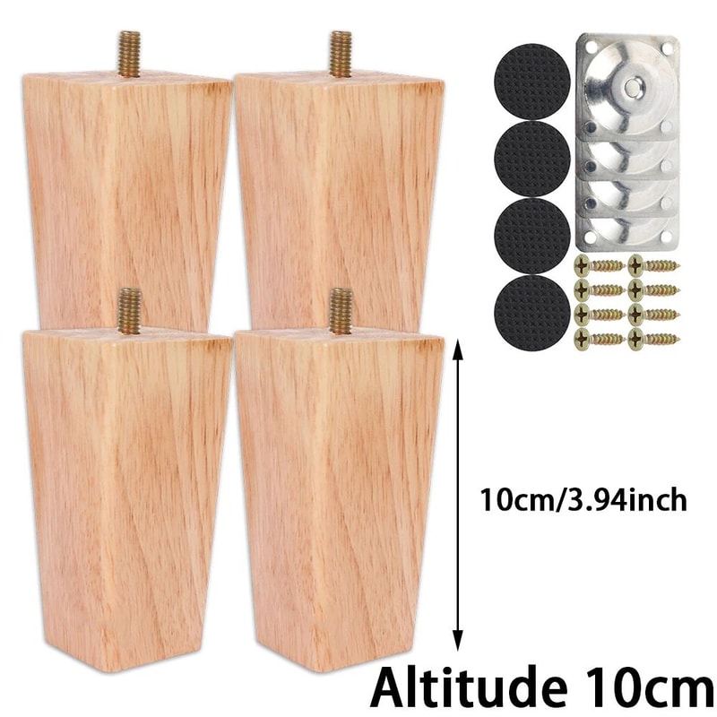 Solid Wood Wooden Furniture Legs Set 4 Pcs Round Bun Style With Screws Floor Pads 8