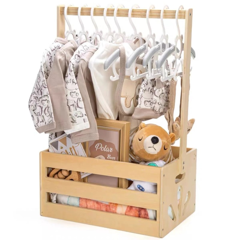 Wood Storage Crate With Long Handle Portable Nursery Storage Basket Wooden Toy Storage Bin 0