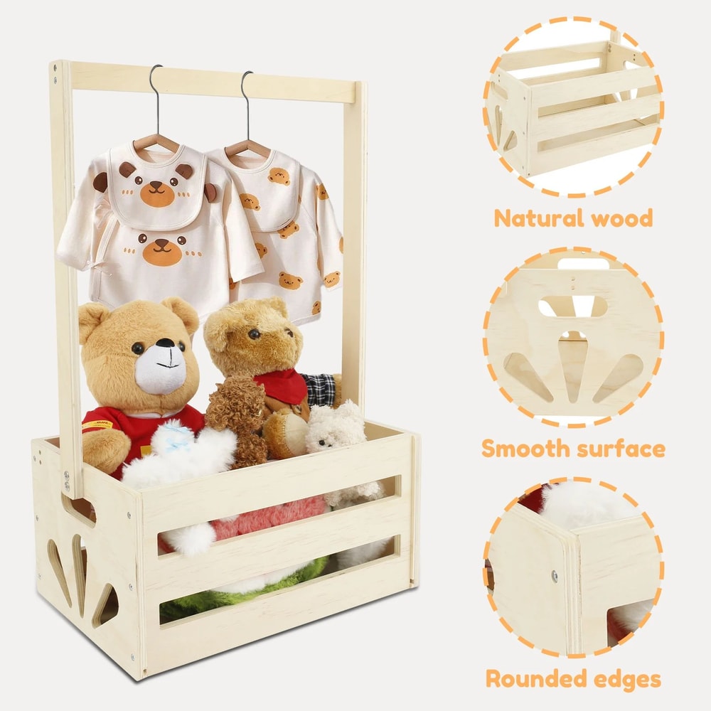 Wood Storage Crate With Long Handle Portable Nursery Storage Basket Wooden Toy Storage Bin 2