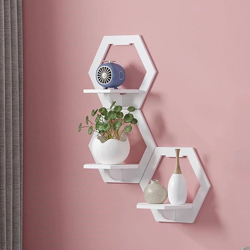 PunchFree Hexagon Wall Shelves Set 3 Or 6 Wall Mounted Plant Decor Display 1