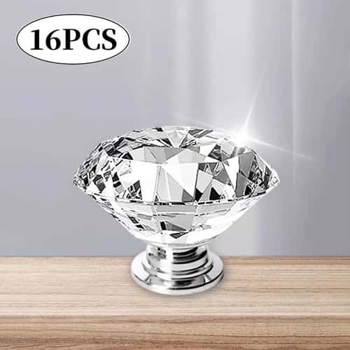 Crystal Glass Cabinet Knobs Set of 16 – Diamond Cut Decorative Furniture Handles for Cabinets & Dressers