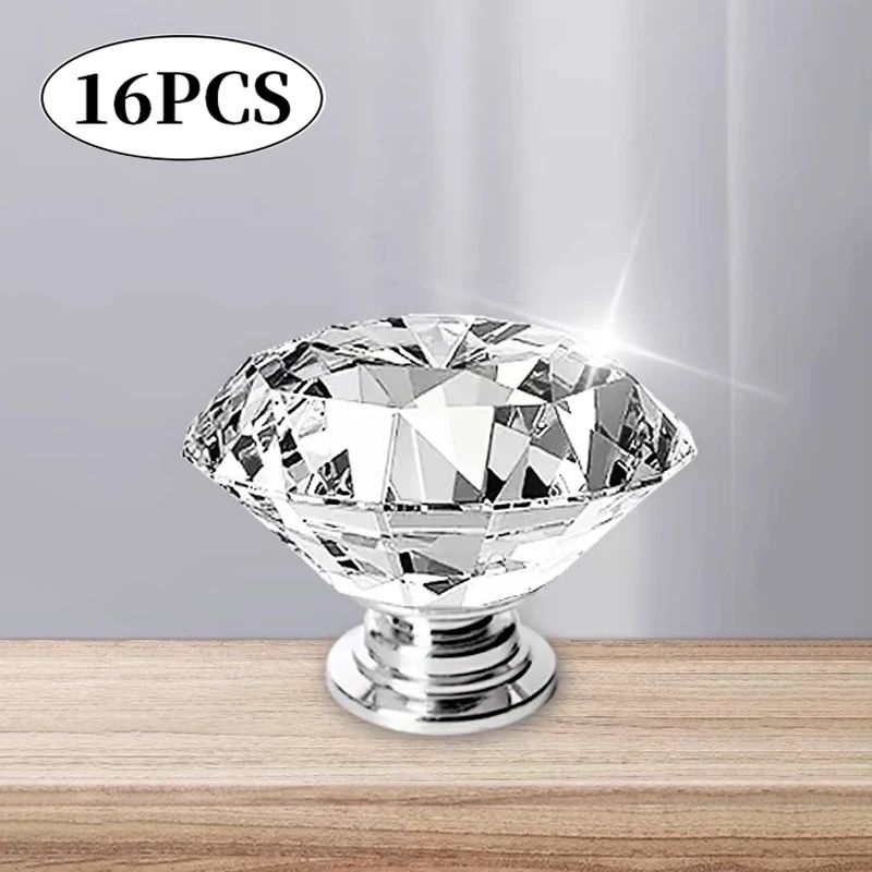 Crystal Glass Cabinet Knobs Set Of 16 Diamond Cut Decorative Furniture Handles For Cabinets Dress 0