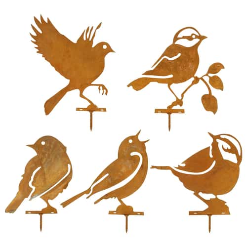 Rustic Metal Bird Garden Decor Set of 5 Fence Silhouettes for Yard Art