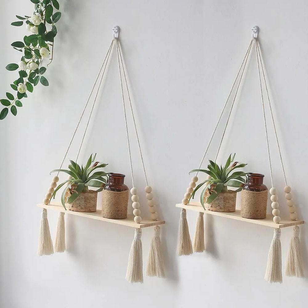 Boho Macrame Wall Hanging Shelf Floating Wooden Decor Shelf For Bedroom Living Room 0
