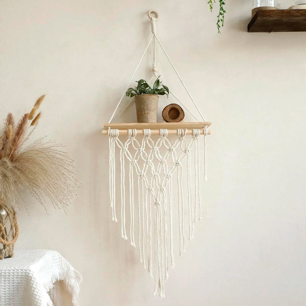 Boho Macrame Wall Hanging Shelf Floating Wooden Decor Shelf For Bedroom Living Room 1