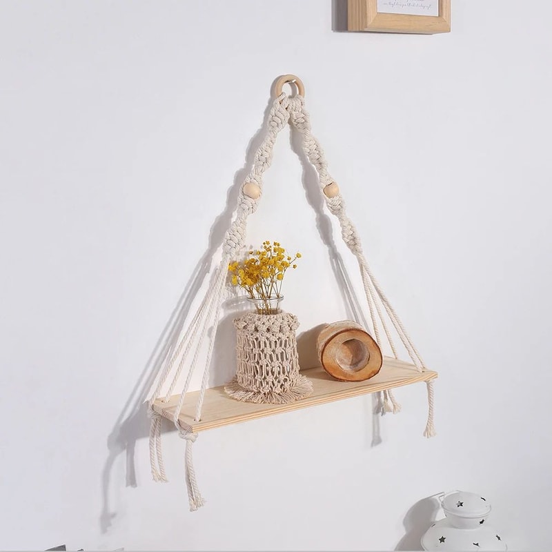 Boho Macrame Wall Hanging Shelf Floating Wooden Decor Shelf For Bedroom Living Room 6