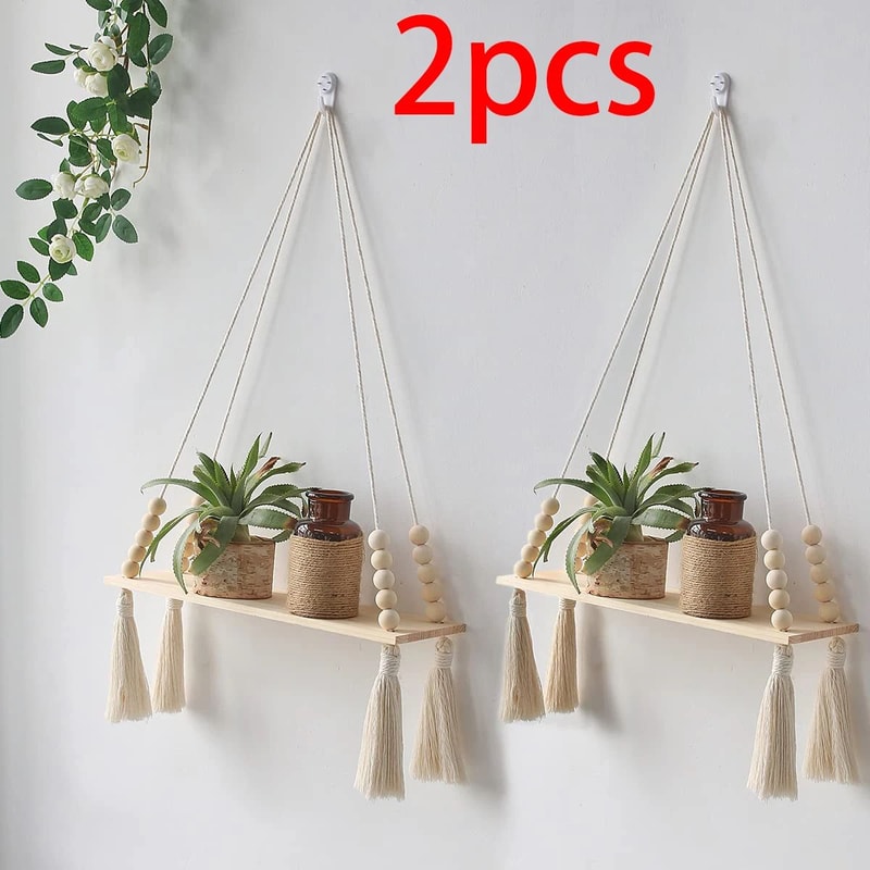 Boho Macrame Wall Hanging Shelf Floating Wooden Decor Shelf For Bedroom Living Room 15