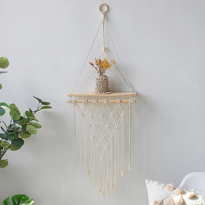 Boho Macrame Wall Hanging Shelf Floating Wooden Decor Shelf For Bedroom Living Room 7