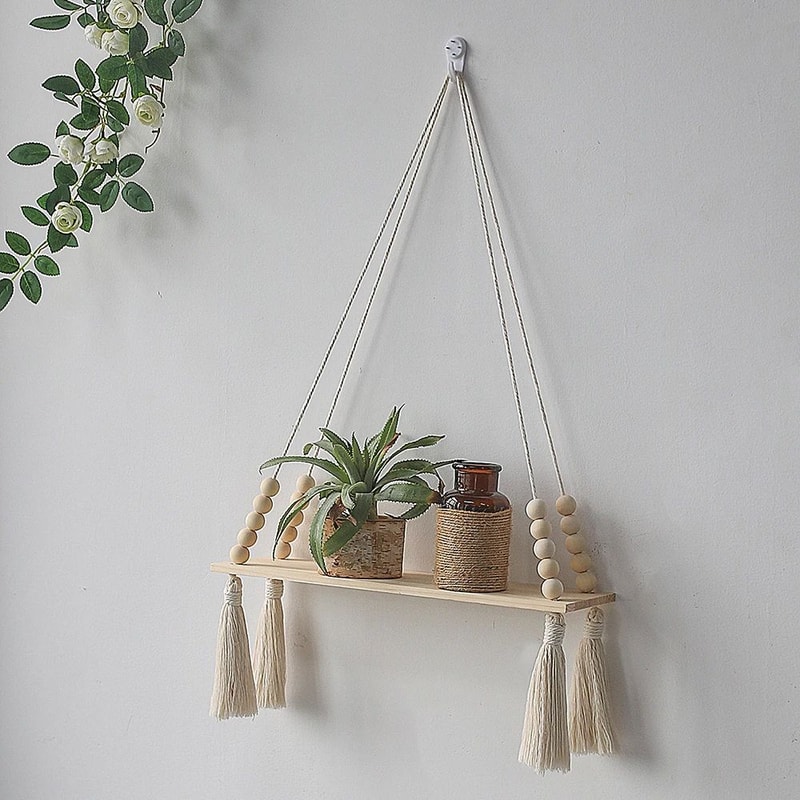 Boho Macrame Wall Hanging Shelf Floating Wooden Decor Shelf For Bedroom Living Room 9