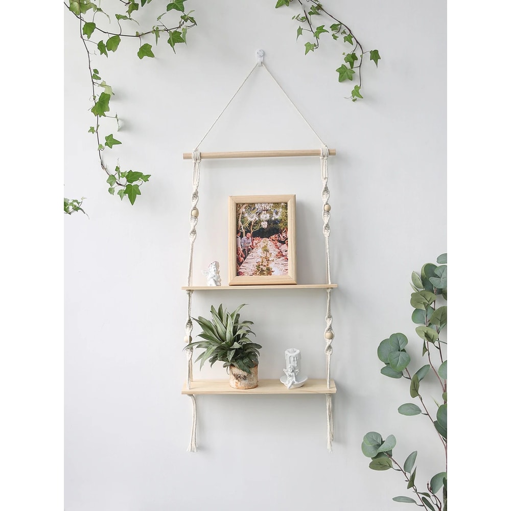 Boho Macrame Wall Hanging Shelf Floating Wooden Decor Shelf For Bedroom Living Room 12