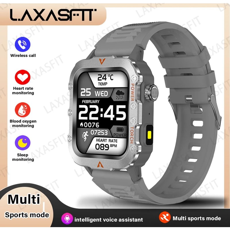 LAXASFIT Outdoor Pro Health Sport Smartwatch LED Flashlight Fitness Tracking Wristwatch 7