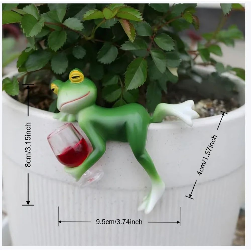Tipsy Green Frog Flower Pot Hanger With Wine Glass Whimsical Garden Ornament 2