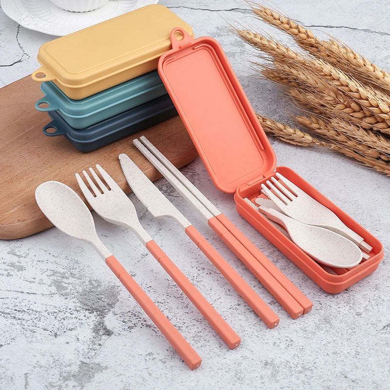 EcoLite 4Piece Portable Travel Cutlery Set Sustainable EcoFriendly Wheat Straw Tableware With Case 5