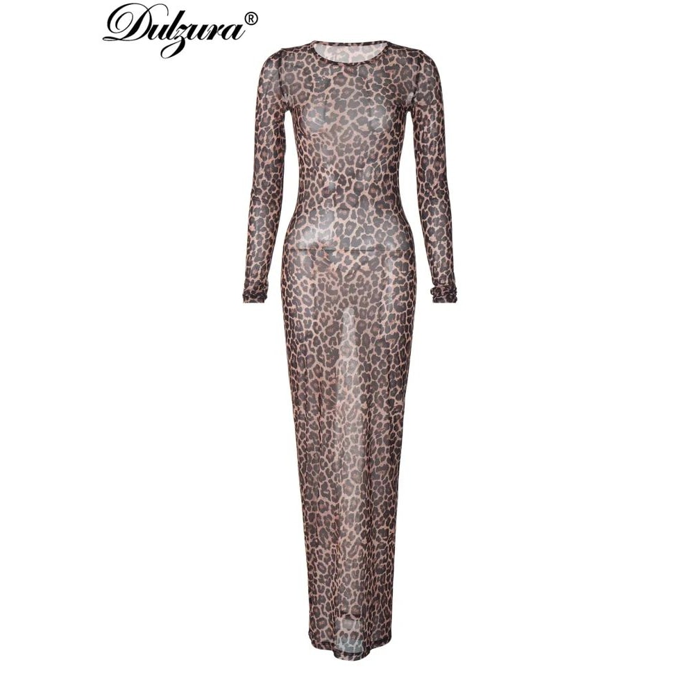 Leopard Print Long Sleeve Maxi Dress Elegant Y2K Bodycon Party Dress For Women 5