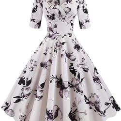 vintage floral a-line summer dress – half sleeve black retro party dress for women