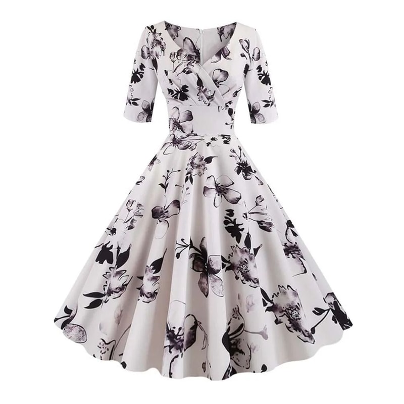 Vintage Floral ALine Summer Dress Half Sleeve Black Retro Party Dress For Women 0