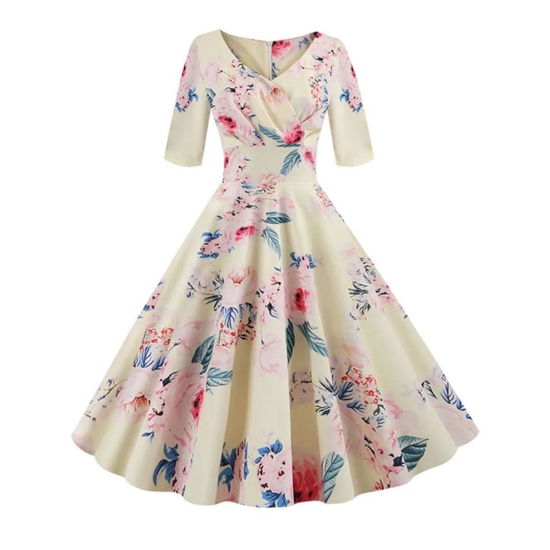 Vintage Floral ALine Summer Dress Half Sleeve Black Retro Party Dress For Women 1