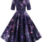 Vintage Floral ALine Summer Dress Half Sleeve Black Retro Party Dress For Women 2
